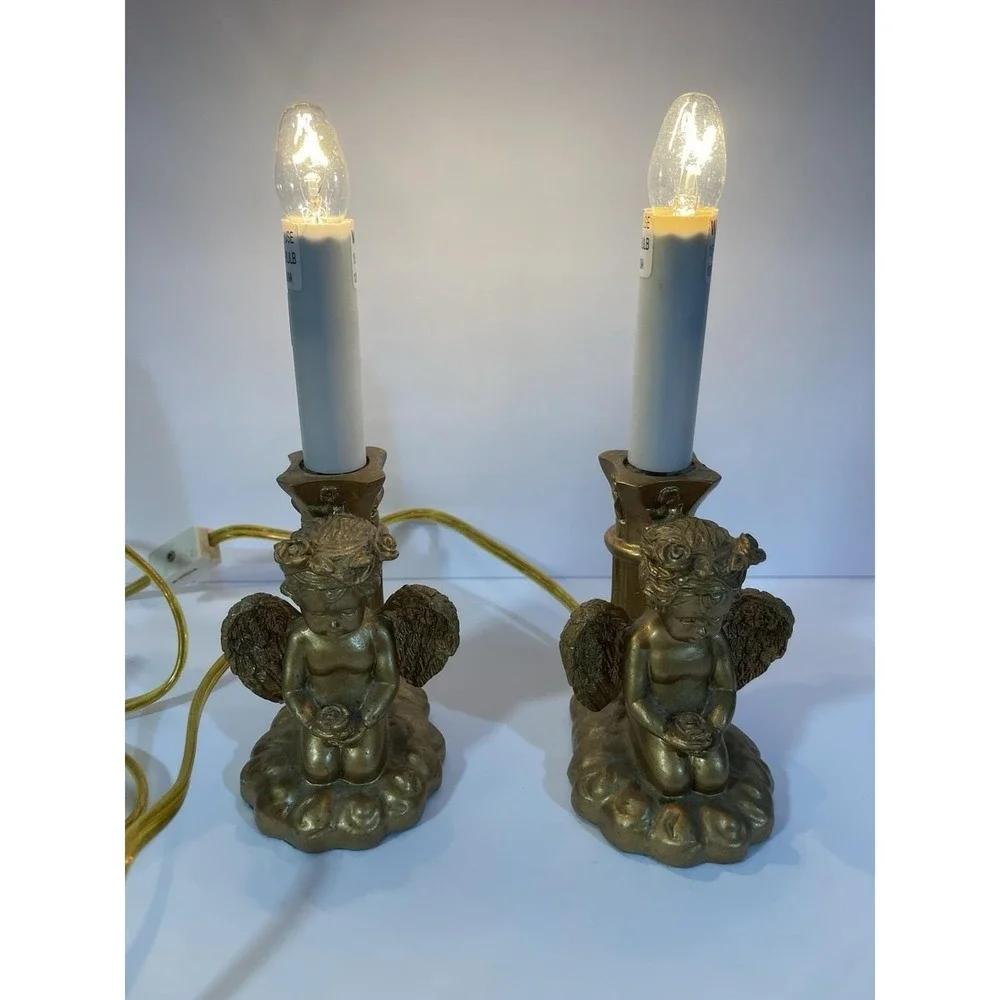 2 Vintage Angel Cherub Electric Candle Lamps Gold Tone‎ Working